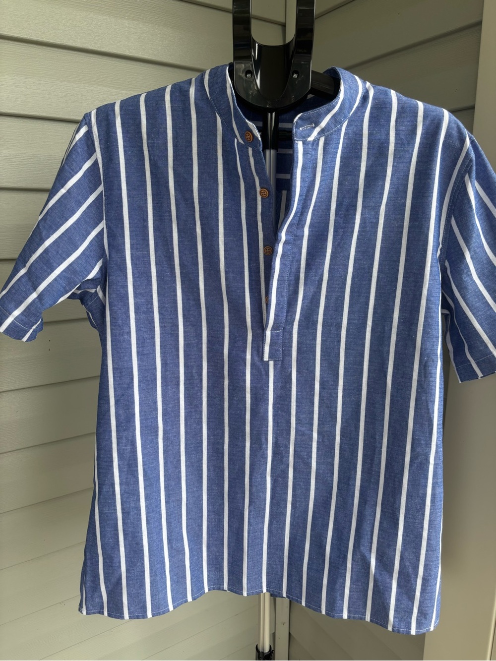SHEIN Women’s Blue White‎ Striped Mandarin Collar Cotton Short Sleeve